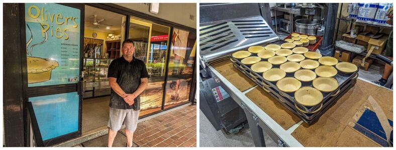 Left: Daniel Roberts poses in front of Oliver's Pies in Avalon Beach. Right: Meat pies being prepared in the restaurant's kitchen.