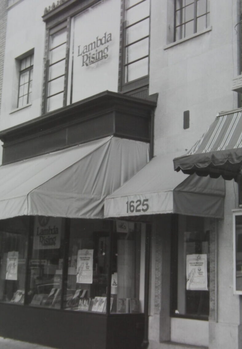 A black and white photo of the front of the Lambda Rising bookshop.
