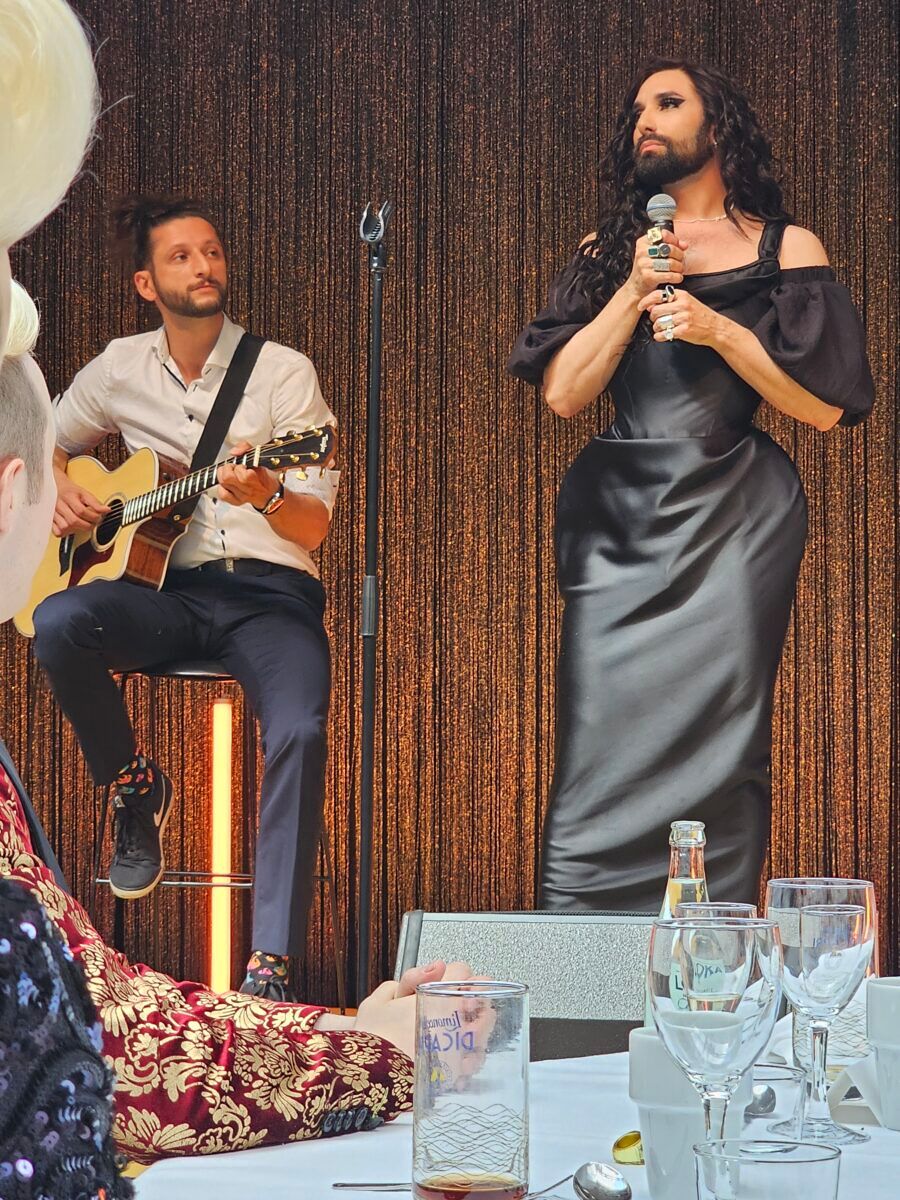 Conchita Wurst performs at the party celebrating the 10th anniversary of her Eurovision win.