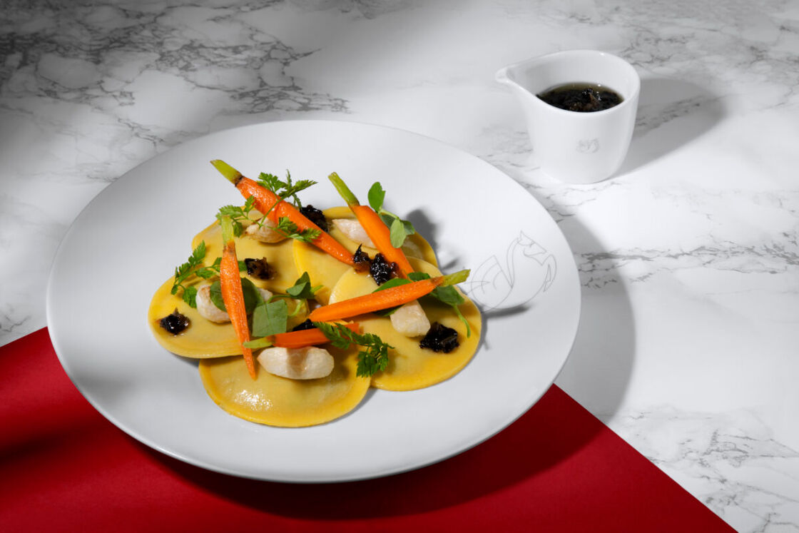 Ravioli aboard Air France Premiere class by Dominique Crenn