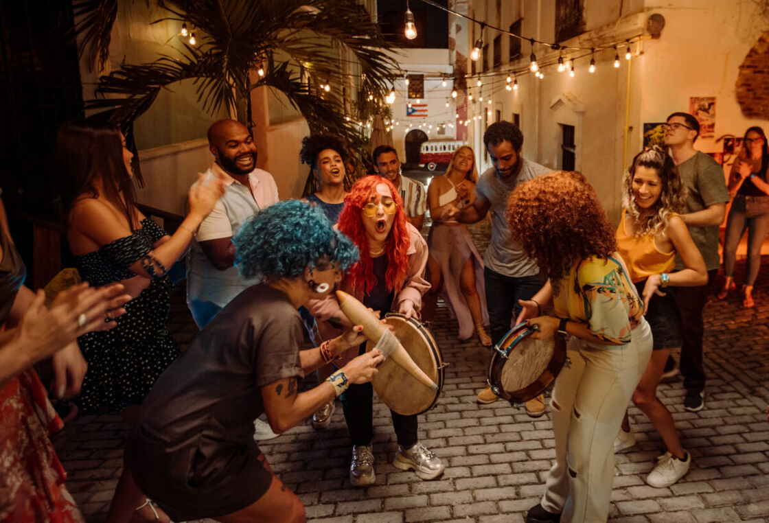 People dancing in the streets in San Juan, Puerto Rico.