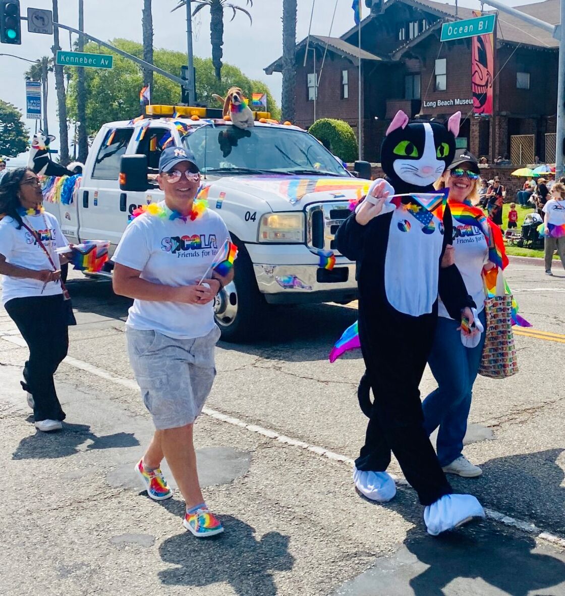 Flag waver in van at Long Beach Pride parade