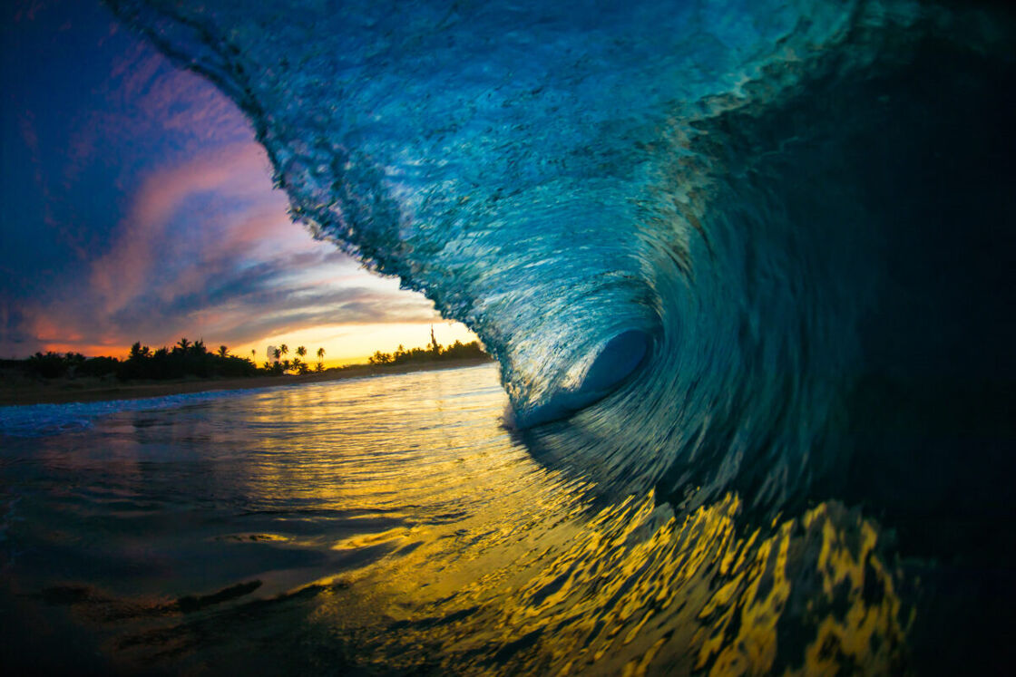 A close-up of a wave at sunset in Puerto Rico.