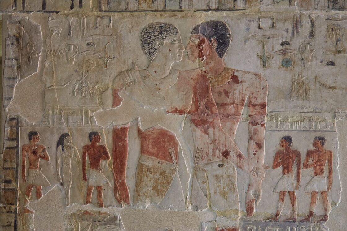 Tomb iconography of Niankhkhnum and Khnumhotep touching noses.