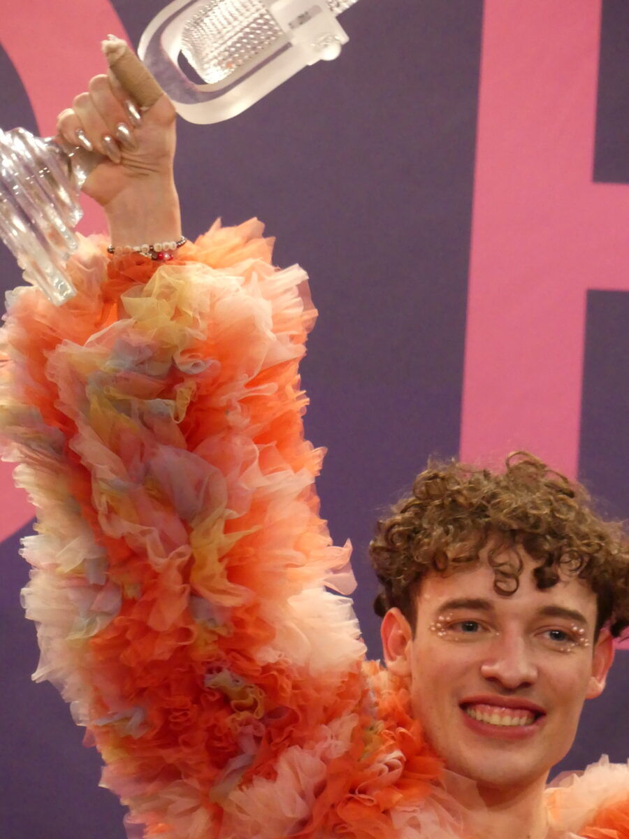 Swiss contestant Nemo celebrates after winning Eurovision.