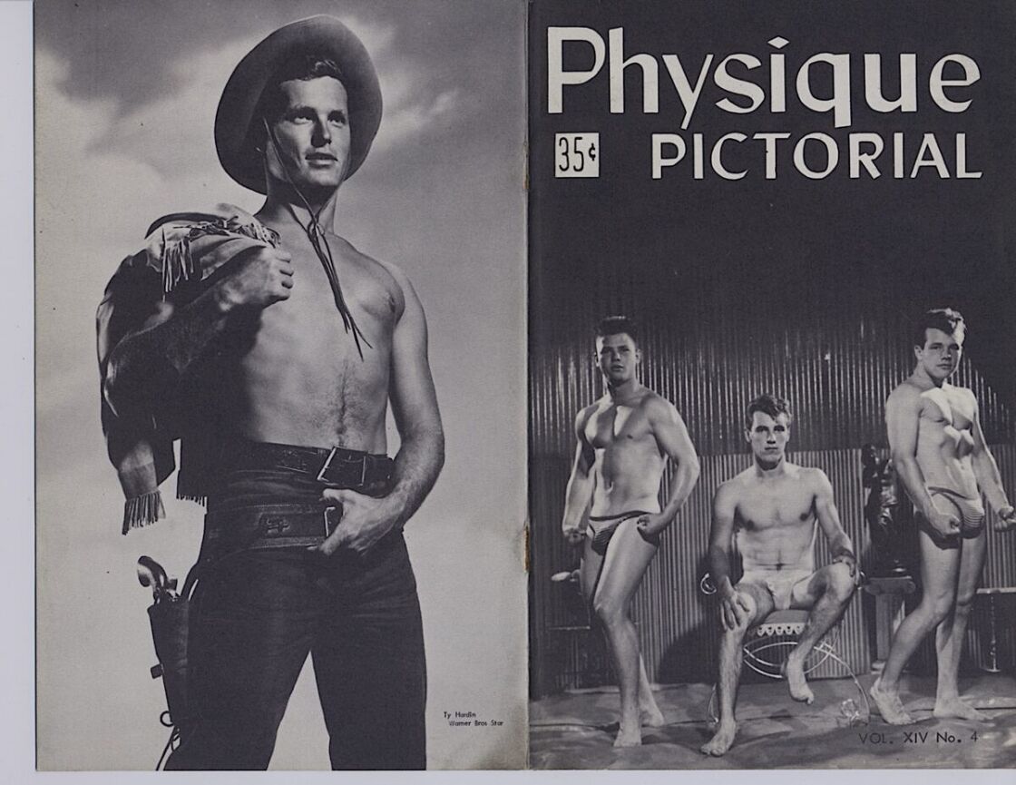 A copy of Physique Pictorial that shows a shirtless man posing as a cowboy on the left and three bodybuilders wearing posing straps on the right.