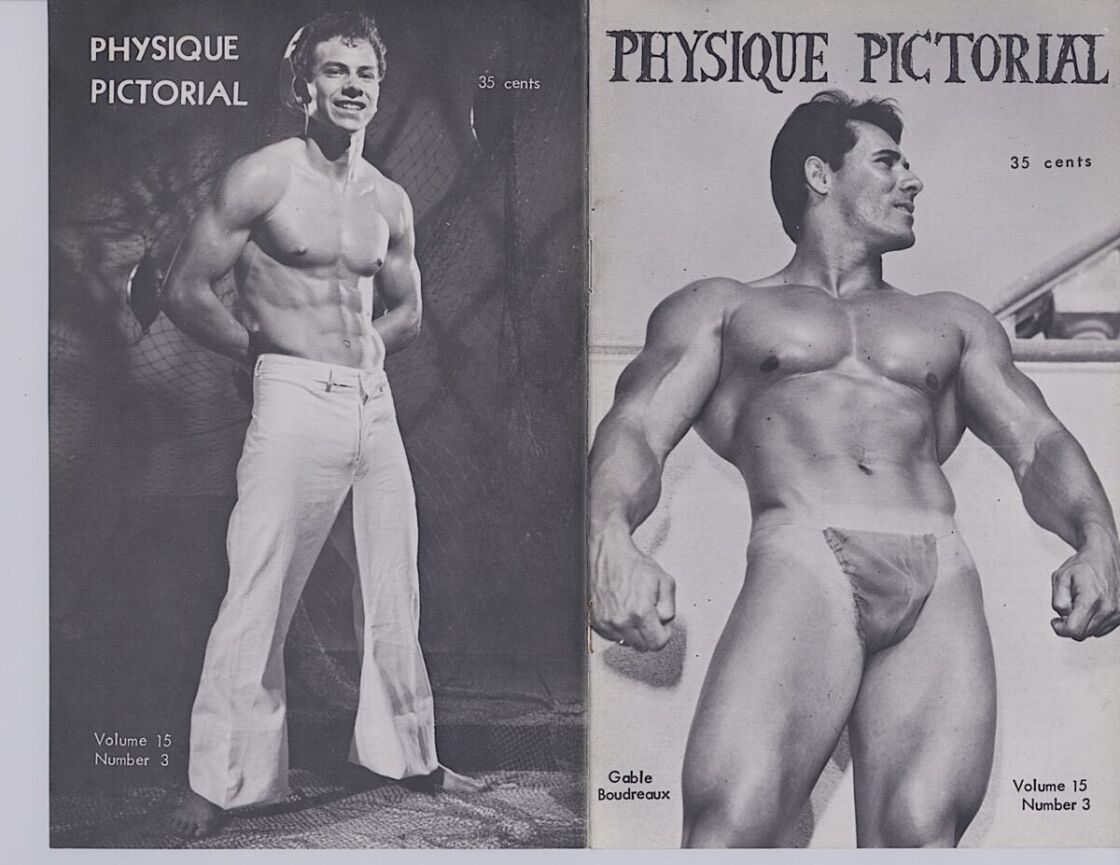Two front covers from Physique Pictorial. The first has a shirtless man dressed as a sailor. The other is a bodybuilder wearing only a posing trap.