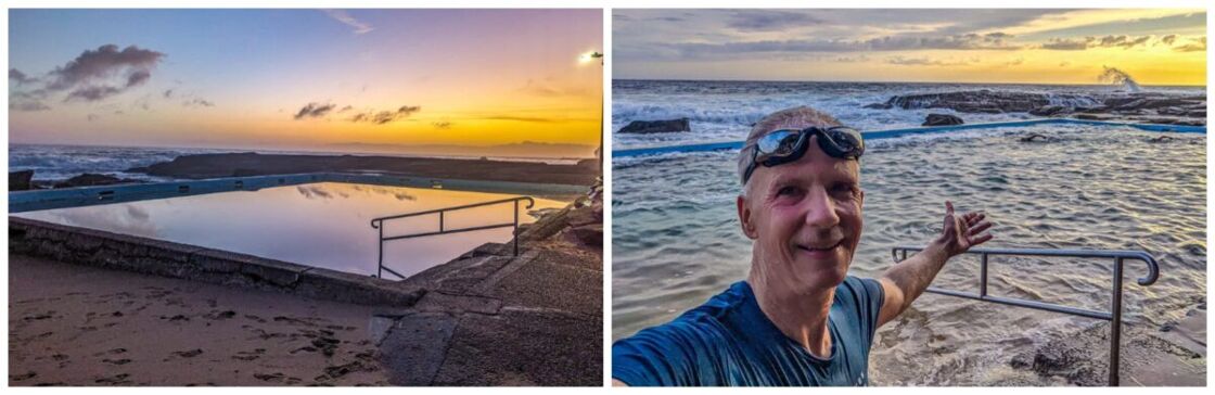 Two photos of rock pools, one calm and reflecting the sunrise, the other filled with churning water. Whale Beach in the morning was my happy place.