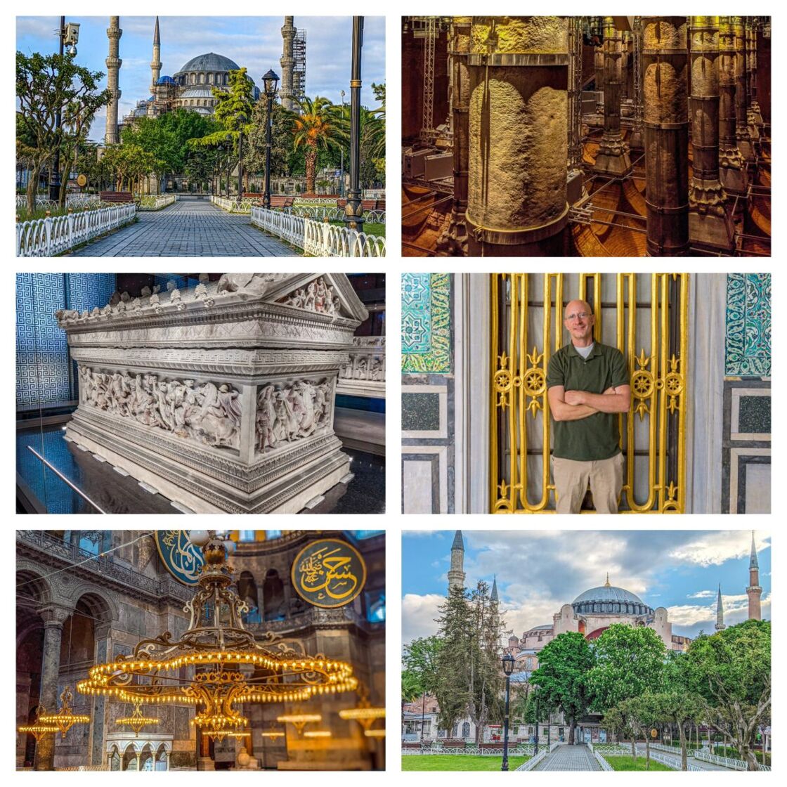 Six pictures showing the exterior of Hagia Sophia and the Blue Mosque and the support pillars of the Theodosious Cistern; Alexander's Sarcaphogus, and Brent in Topkapi Palace Some of Istanbul’s most famous attractions, including Hagia Sophia, Theodosius Cistern, the Archaeological Museums, and the Blue Mosque.