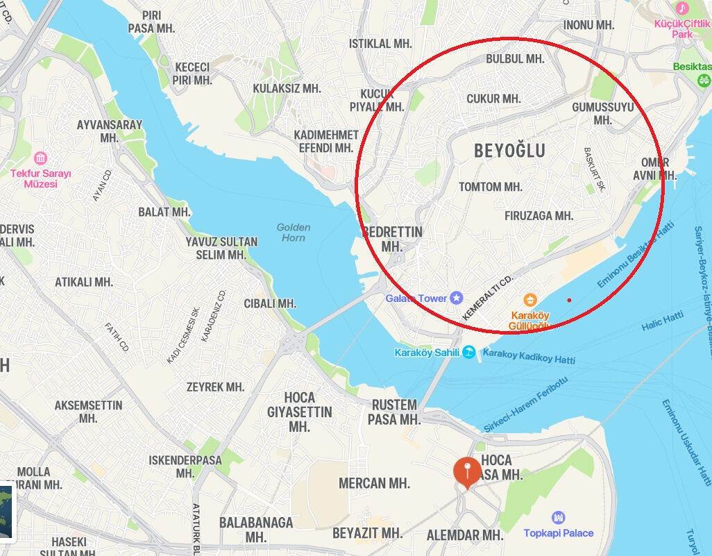 Map showing the location of Beyoglu A map showing Beyoğlu