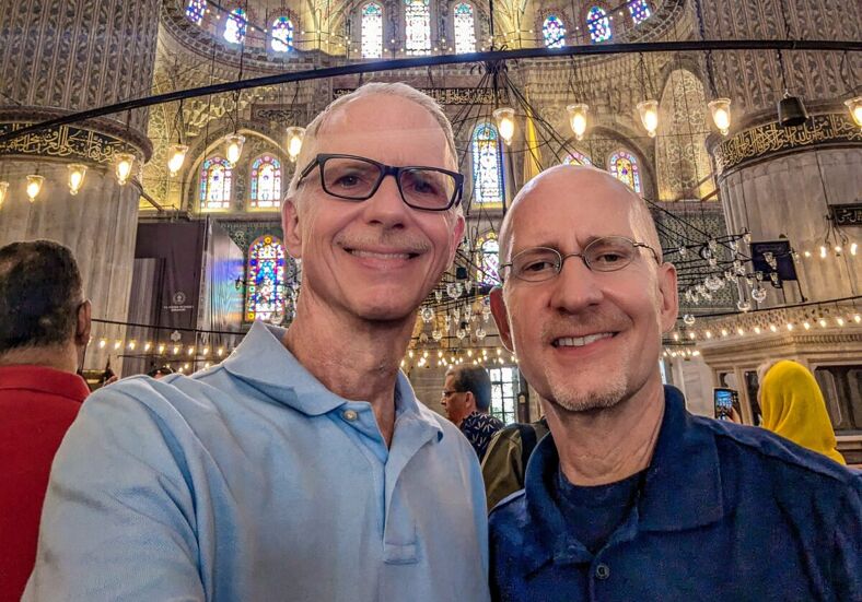 Michael Jensen and Brent Hartinger at the Blue Mosque in Istanbul