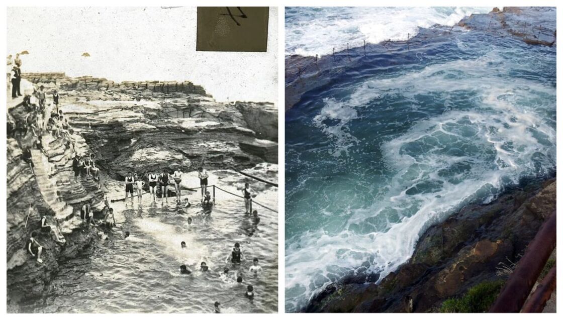 A black and white photo of Bogey Hole on the left, and Bogey Hole at full tide. Picture, left: Bogey Hole, date unknown. Source. Picture, right: Bogey Hole at high tide, 2011: Source: Leighblackall