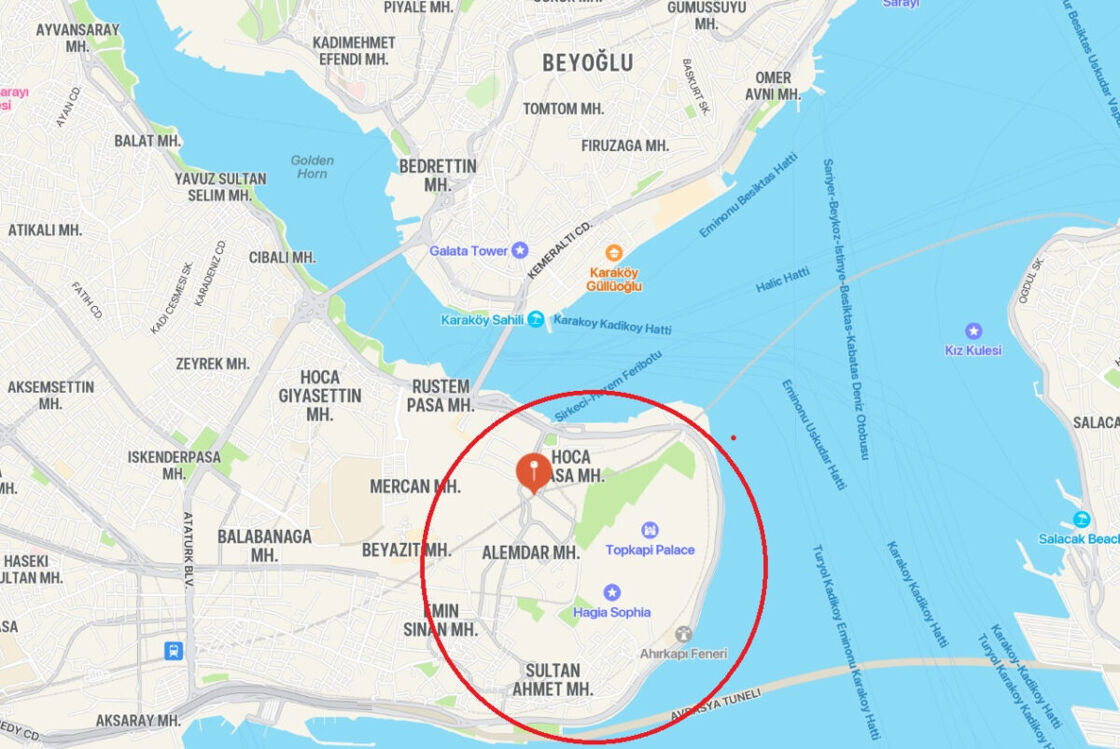 A map that shows Sultanahmet in Istanbul