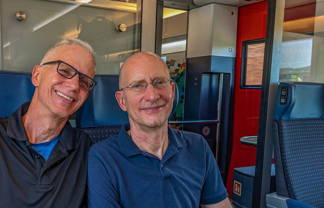 Michael Jensen and Brent Hartinger on a train in Austria.
