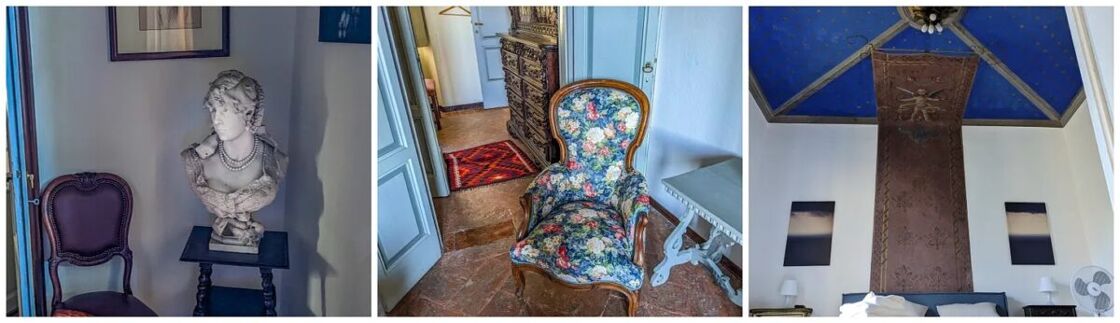Three photos of items in the villa: A marble bust, a chair, and a bed