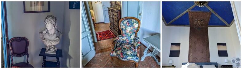 Three photos of items in the villa: A marble bust, a chair, and a bed