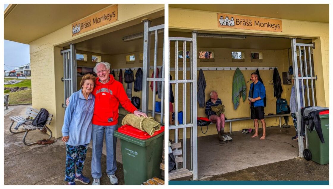 Two photos of the Brass Monkeys building. Owen and Angela on the left, the interior with two other members on the right. Owen and Angela, not long after Owen finished his morning swim.