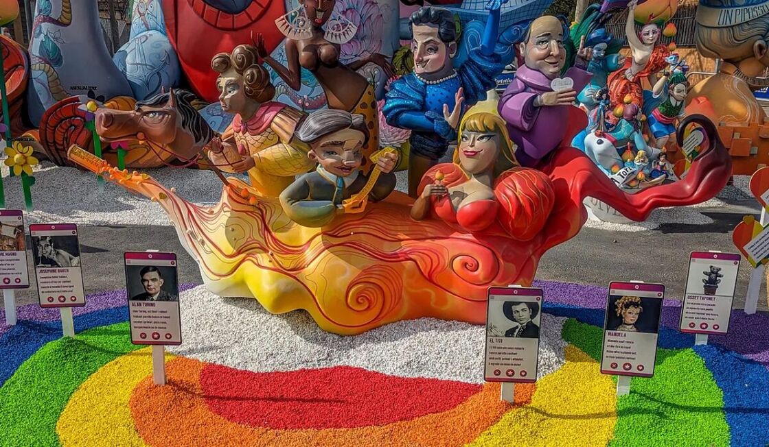 LGBTQ historical figures on a orange boat of flame.