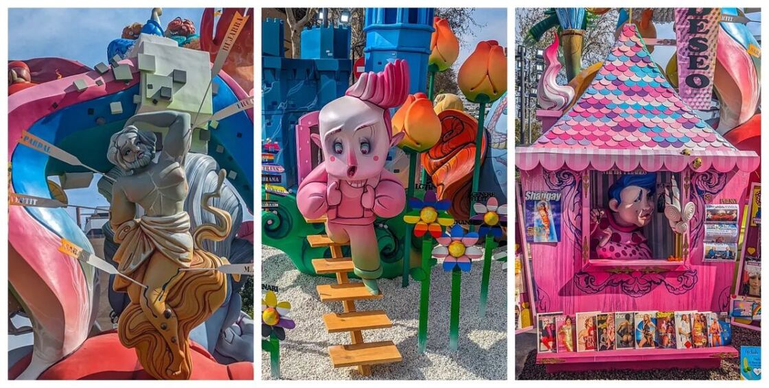 Collage showing Saint Sebastian, a pink boy coming down stairs, and a pink newsstand.