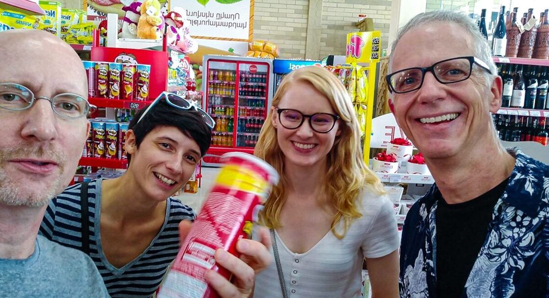 The four of us getting late-night munchies Brent and Michael grab a snack with some friends