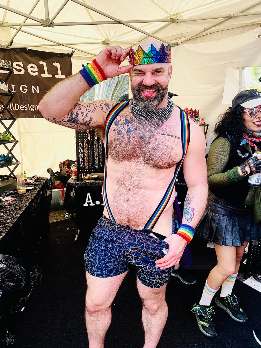 Andrew Russell peddling his iconic crowns at WeHo Pride.