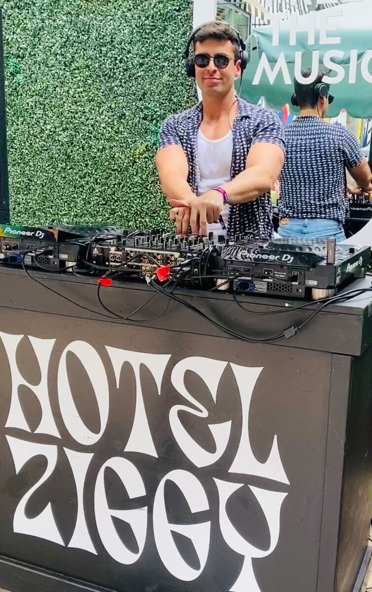 DJ Edward Frame manning the turntables at the Pearl Pool Party at WeHo's Hotel Ziggy.