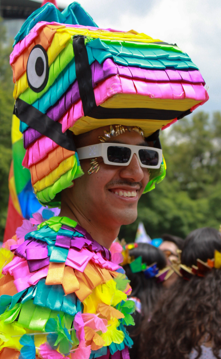A man dressed like a piñata