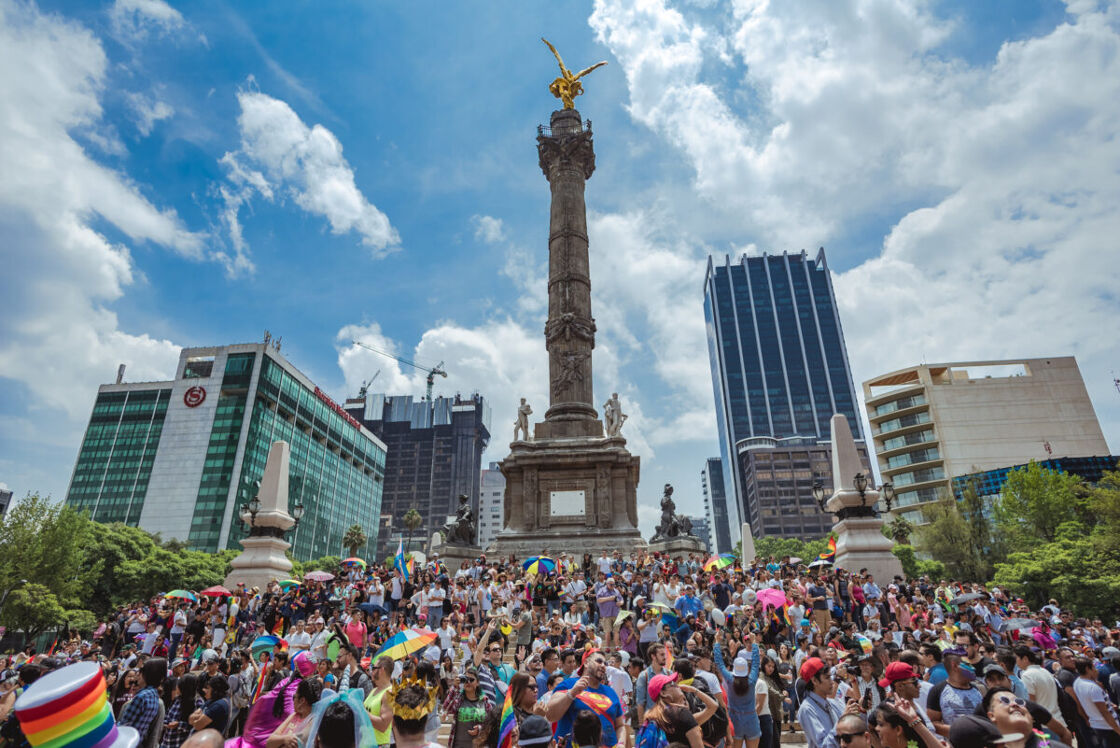 A rainbow march of hundreds of thousands of people at Mexico Pride March.