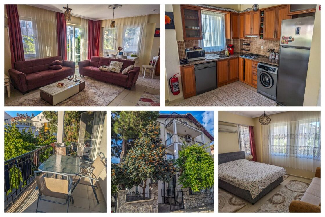 Collage showing our apartment including the living room, the kitchen, one bedroom, a porch, and the exterior. A collage of photos showing the author's apartment