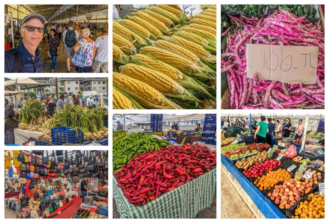 Collage showing piles of fresh corn, red peppers, purple beans, piles of garlic, and more. A collage of photos of the offerings at an open-air market
