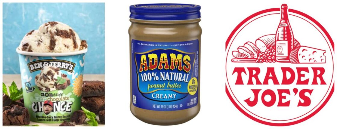 Photos combo of Ben and Jerry's ice cream, peanut butter, and the Trader Joe's logo