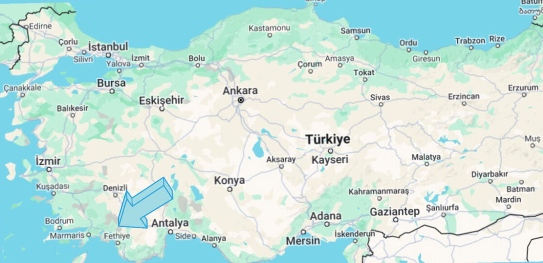 A map showing the location of Fethiye, Turkey. A map of Turkey