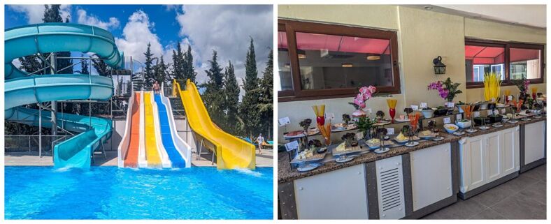 Two photos showing the water slide and buffet at Orka Village Hisarönü.