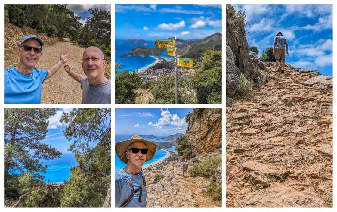 Collage showing scenes from the Lycian Way including views of the incredible blue water, Brent and Michael on the hiking trails, and a very steep, rocky section. A collage of photos that show the Lycian Way and the author and his husband hiking on it