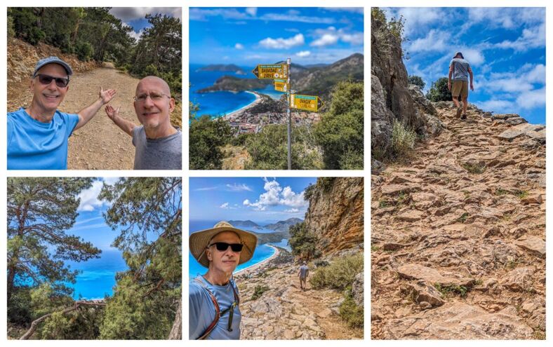 A collage of photos that show the Lycian Way and the author and his husband hiking on it