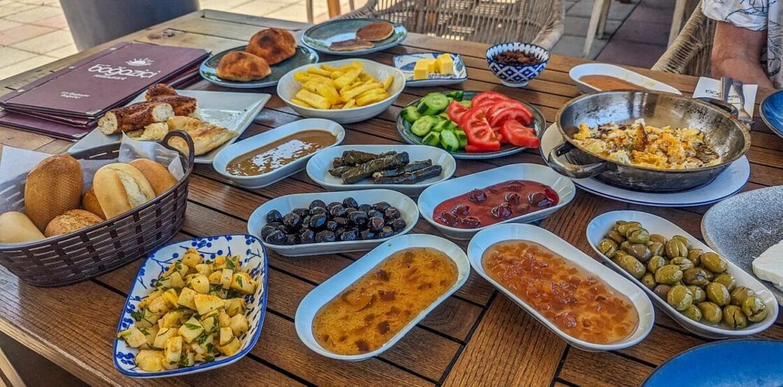 Closeup of all the foods in a Turkish breakfast.