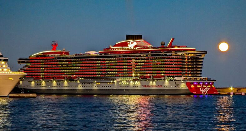 A view of the cruise ship at night.