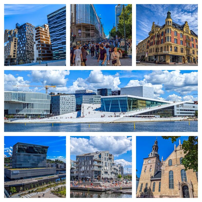 Collage showing apartment buildings downtown, a crowded street, panorama of the Opera House and the downtown library, Munch Museum, swimming platform in the fjord, and Oslo Cathedral. 