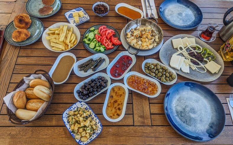 Closeup of food in a Turkish breakfast