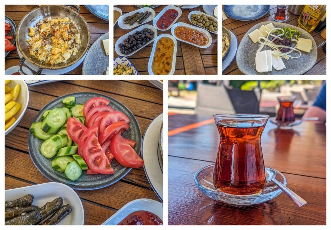 Collage showing pan of eggs, plate of tomatoes and cucumbers, a cup of tea, and assorted jams