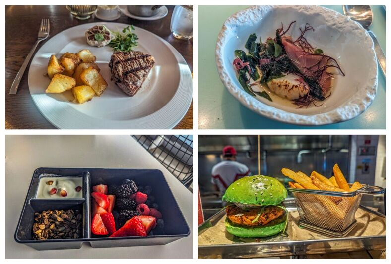 Four photos of the dining options: Food from the Wake, the Test Kitchen, and the Galley (bottom row).