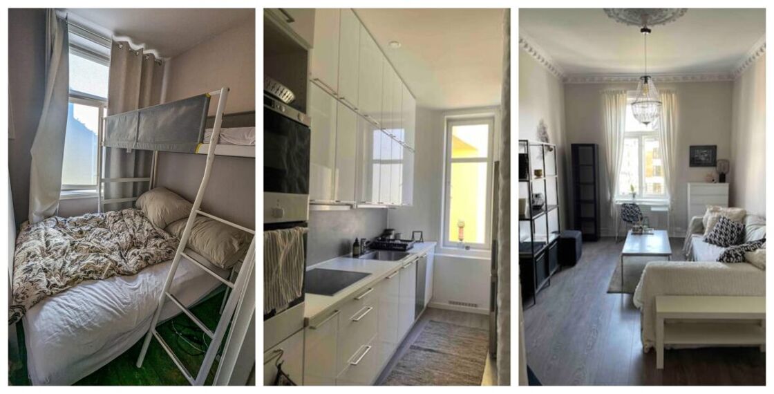 Collage showing bedroom, kitchen, and living room. Photos of the inside of the author's apartment in Oslo