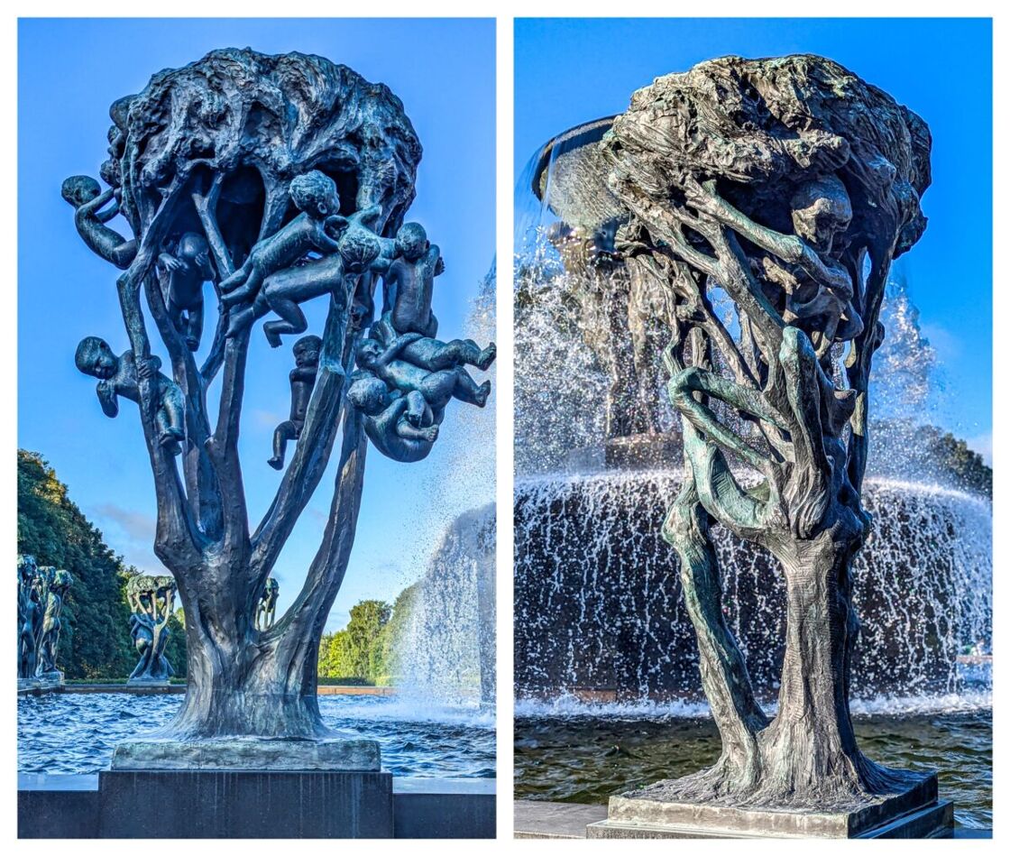 Tree on left filled with happy babies, tree on right has a skelton hanging in it. Two statues at Vigeland Sculpture Park