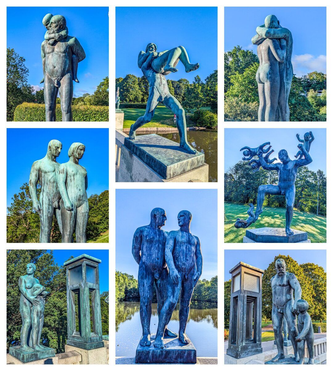 Collage of bronze figures showing grandfather with grandchild, man and woman wrestling, man fighting babies, woman holding her daughter, and different couples standing next to each other. Statues at Vigeland Sculpture Park