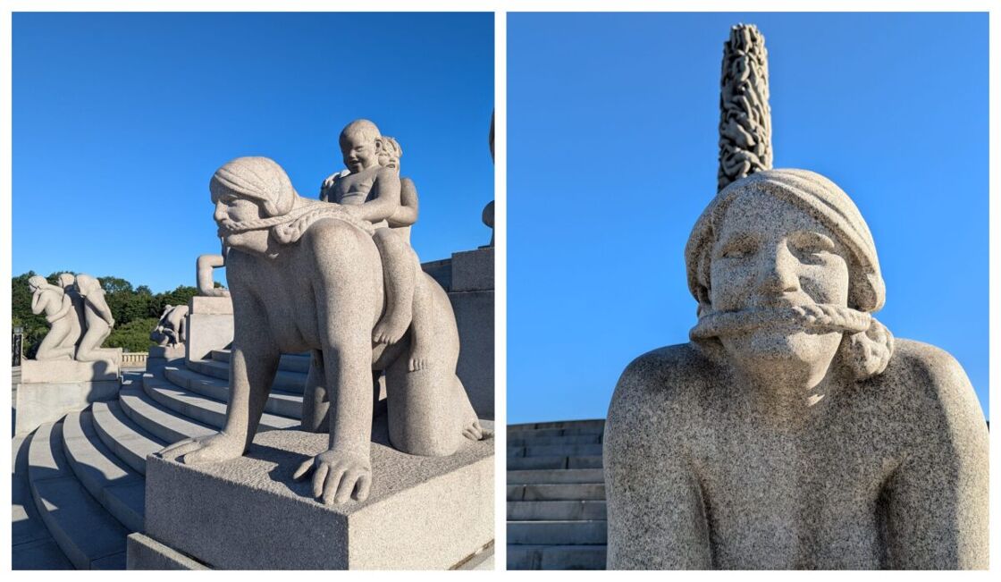 Two photos of woman on her hands and knees, her children on her back. Statues at Vigeland Sculpture Park