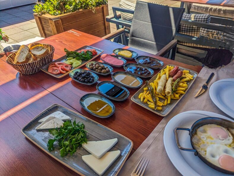 Spread of eggs, olives, cheese, tomatoes, cucumbers, fries, and different spreads.