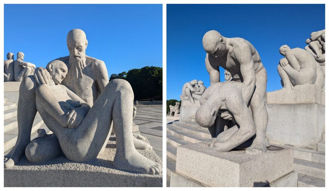 Granite sculpture on left showing man cradling dead wife, sculpture on right showing one man trying to lift up another. Statues at Vigeland Sculpture Park