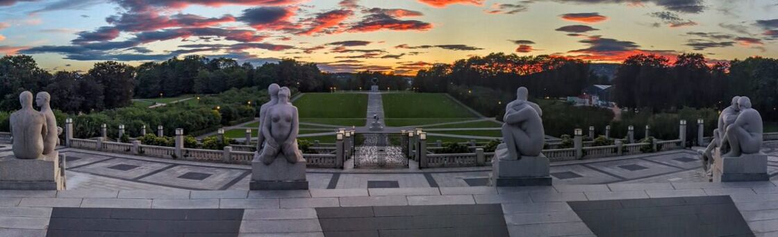 Granite sculptures at sunset. Vigeland Sculpture Park
