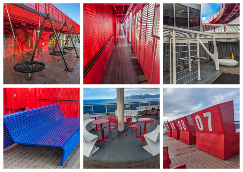 Collage of 6 exterior views from the Scarlet Lady cruise ship