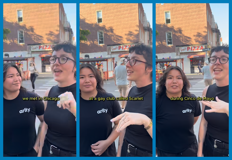 Three photos show a couple standing on a street in front of Joe's Pizza, with a brick building in the background. The couple is wearing black t-shirts with the word "arity" printed on them. In the first image, one person is smiling while the other speaks, with the text overlay "we met in Chicago." In the second image, they both face the camera, and the text overlay reads "at a gay club called Scarlet." In the third image, they are still standing together, and the text overlay says "during Cinco de Mayo."